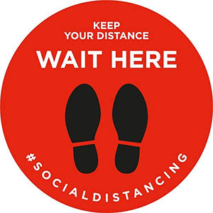 Lot de 5 Autocollant stickers signalétique stop covid sol antidérapant - keep your distance version anglais - format 20x20cm couleur rouge et noir