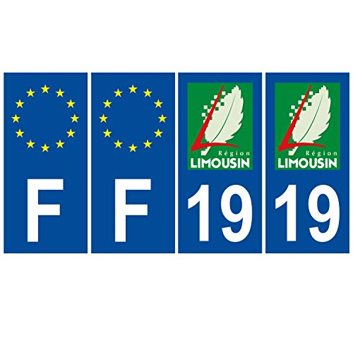 Supstick 4 Stickers Autocollants Plaques Immatriculation Auto Dept 19 Limousin Bleu Foncé Angles Carrés