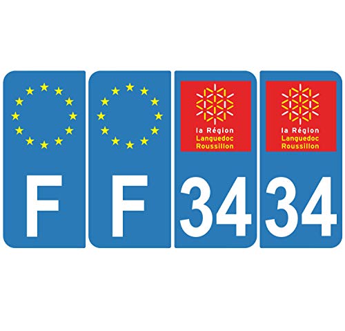 Supstick 4 Stickers Autocollants Plaques Immatriculation Auto Dept 34 Languedoc Roussillon Bleu Clair Angles Arrondis