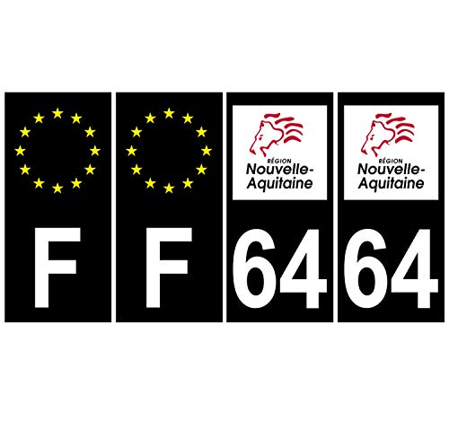 Supstick 4 Stickers Autocollants Plaques Immatriculation Auto Dept 64 Nouvelle Aquitaine Noir Angles Carrés
