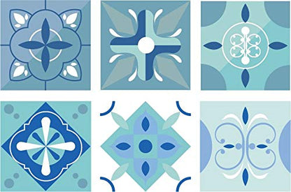Planche de 6 Adhésif Carrelage - décoration de carreaux - 48 pièces plastifié en mat - mosaïque nuances de bleu et turquoise - format 25x25cm par pièce