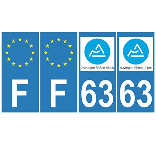 Supstick 4 Stickers Autocollants Plaques Immatriculation Auto Dept 63 Auvergne Rhône Alpes Bleu Clair Angles Carrés