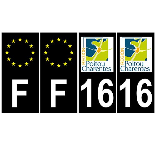 Supstick 4 Stickers Autocollants Plaques Immatriculation Auto Dept 16 Poitou Charentes Noir Angles Carrés