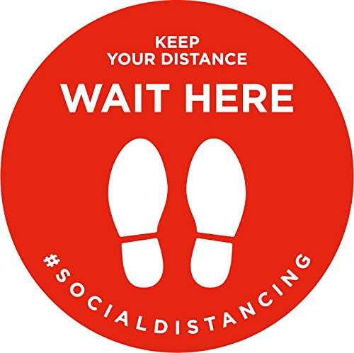 Autocollant stickers signalétique stop covid sol antidérapant - keep your distance wait here version anglais- format 25x25cm couleur rouge et blanc