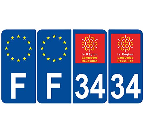 Supstick 4 Stickers Autocollants Plaques Immatriculation Auto Dept 34 Languedoc Roussillon Bleu Foncé Angles Arrondis