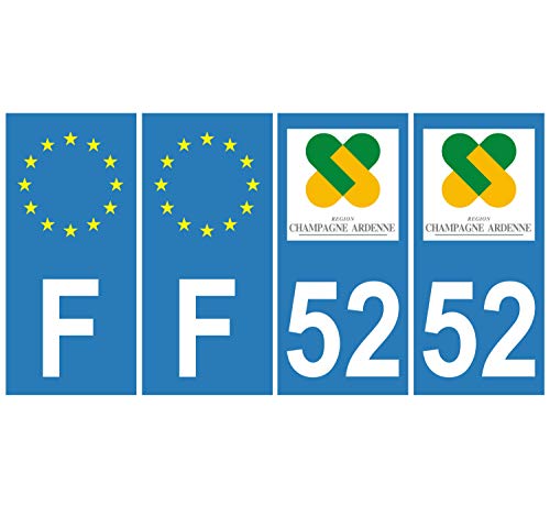 Supstick 4 Stickers Autocollants Plaques Immatriculation Auto Dept 52 Champagne Ardenne Bleu Clair Angles Carrés