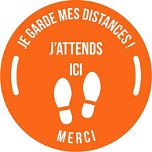 Charger l&#39;image dans la galerie, Autocollant stickers signalétique stop covid sol antidérapant - respect des distances - format 20x20cm couleur orange
