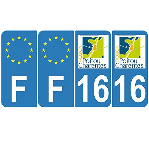 Supstick 4 Stickers Autocollants Plaques Immatriculation Auto Dept 16 Poitou Charentes Bleu Clair Angles Arrondis