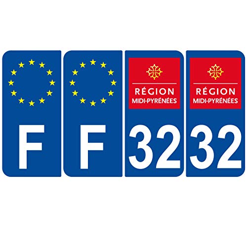 Supstick 4 Stickers Autocollants Plaques Immatriculation Auto Dept 32 Midi Pyrénées Bleu Foncé Angles Arrondis