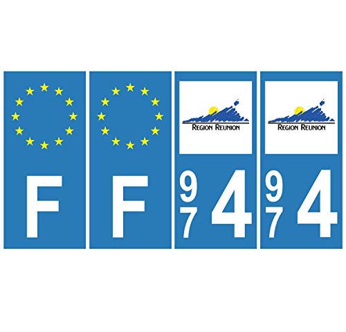 Supstick 4 Stickers Autocollants Plaques Immatriculation Auto Dept 974 Réunion Bleu Clair Angles Carrés