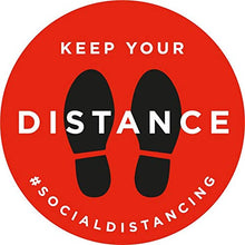 Charger l&#39;image dans la galerie, Lot de 5 Autocollant stickers signalétique stop covid sol antidérapant - keep your distance version anglais - format 20x20cm couleur rouge et noir
