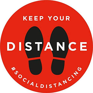 Lot de 5 Autocollant stickers signalétique stop covid sol antidérapant - keep your distance version anglais - format 20x20cm couleur rouge et noir