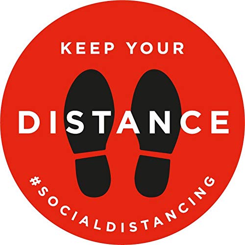 Lot de 5 Autocollant stickers signalétique stop covid sol antidérapant - keep your distance version anglais - format 30x30cm couleur rouge et noir