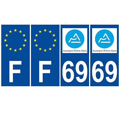 Supstick 4 Stickers Autocollants Plaques Immatriculation Auto Dept 69 Auvergne Rhône Alpes Bleu Foncé Angles Carrés