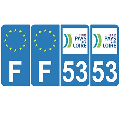 Supstick 4 Stickers Autocollants Plaques Immatriculation Auto Dept 53 Pays de la Loire Bleu Clair Angles Arrondis
