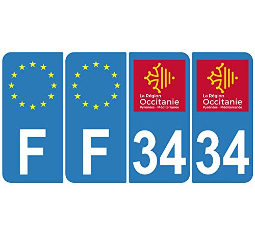 Supstick 4 Stickers Autocollants Plaques Immatriculation Auto Dept 34 Occitanie Bleu Clair Angles Arrondis