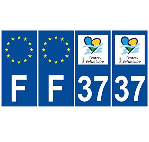 Supstick 4 Stickers Autocollants Plaques Immatriculation Auto Dept 37 Centre Val de Loire Bleu Foncé Angles Carrés