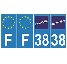 Supstick 4 Stickers Autocollants Plaques Immatriculation Auto Dept 38 Rhône Alpes Bleu Clair Angles Carrés