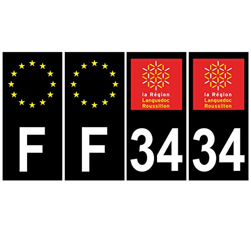 Supstick 4 Stickers Autocollants Plaques Immatriculation Auto Dept 34 Languedoc Roussillon Noir Angles Carrés
