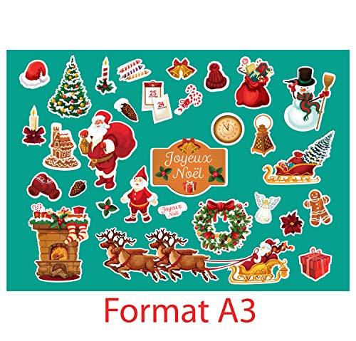 SupStick Planche de Stickers Autocollants Noël - Format A3 - Père Noel, Sapin, Traineau - 32 Stickers pour Les fêtes de Noël - Découpe à la Forme- 29,7cm x 42cm - supstick.fr