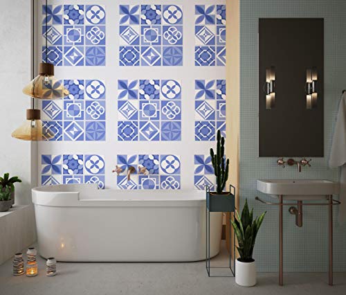 Planche de 9 Adhésif Carrelage - décoration de carreaux - 63 pièces plastifié en mat - mosaïque nuances de bleu et blanc - format 20x20cm par pièce