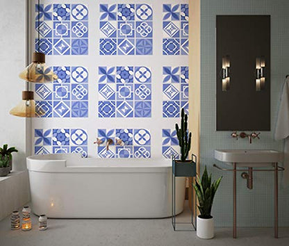 Planche de 9 Adhésif Carrelage - décoration de carreaux - 45 pièces plastifié en mat - mosaïque nuances de bleu et blanc - format 30x30cm par pièce