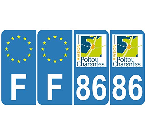 Supstick 4 Stickers Autocollants Plaques Immatriculation Auto Dept 86 Poitou Charentes Bleu Clair Angles Arrondis