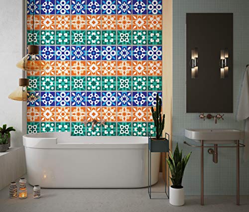 Planche de 9 Adhésif Carrelage - décoration de carreaux - 63 pièces plastifié en mat - mosaïque bleu orange et vert - format 25x25cm par pièce