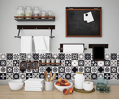 Planche de 16 Adhésif Carrelage - décoration de carreaux - 64 pièces plastifié en mat - mosaïque noir et blanc - format 30x30cm par pièce