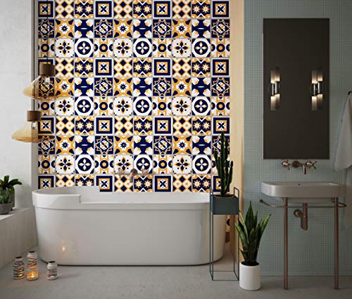 Planche de 9 Adhésif Carrelage - décoration de carreaux - 63 pièces plastifié en mat - mosaïque noir et jaune - format 30x30cm par pièce