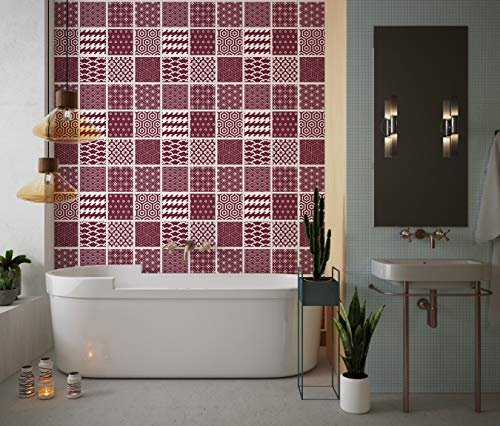 Planche de 9 Adhésif Carrelage - décoration de carreaux - 54 pièces plastifié en mat - carreau bordeaux - format 15x15cm par pièce
