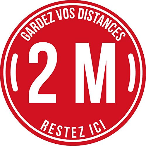 Lot de 5 Autocollant stickers signalétique stop covid sol antidérapant - gardez vos distances 2m - format 30x30cm couleur rouge