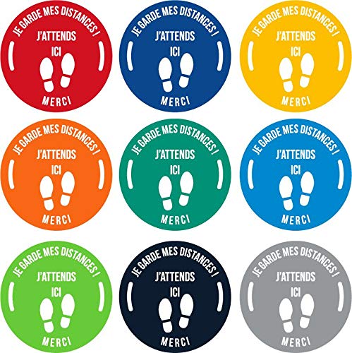 Lot de 9 Autocollant stickers signalétique stop covid sol antidérapant - respect des distances - format 25x25cm - 9 couleurs