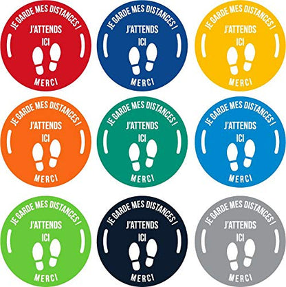 Lot de 9 Autocollant stickers signalétique stop covid sol antidérapant - respect des distances - format 30x30cm - 9 couleurs