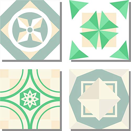 Planche de 4 Adhésif Carrelage - décoration de carreaux - 56 pièces plastifié en mat - mosaïque nuances de vert - format 10x10cm par pièce