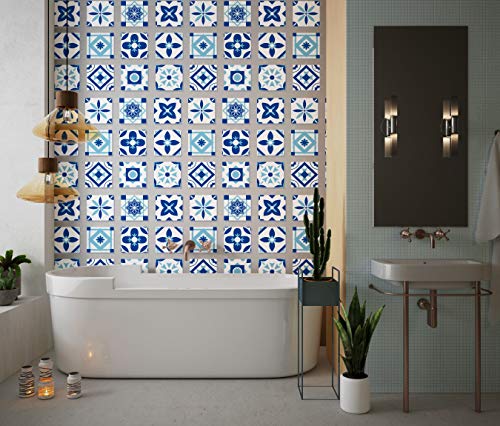 Planche de 9 Adhésif Carrelage - décoration de carreaux - 45 pièces plastifié en mat - nuances de bleu et blanc modèle 2 - format 15x15cm par pièce