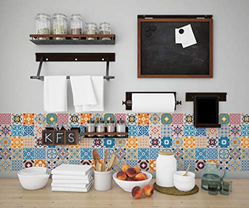 Planche de 25 Adhésif Carrelage - décoration de carreaux - 50 pièces plastifié en mat - mosaïque nuances de bleu jaune - format 30x30cm par pièce