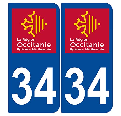 Supstick 2 Stickers Autocollants Plaques Immatriculation Auto Dept 34 Occitanie Bleu Foncé Angles Arrondis