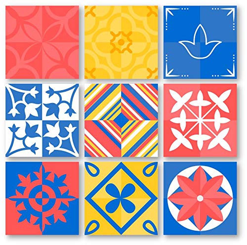 Planche de 9 Adhésif Carrelage - décoration de carreaux - 63 pièces plastifié en mat - mosaïque bleu rose et jaune - format 10x10cm par pièce