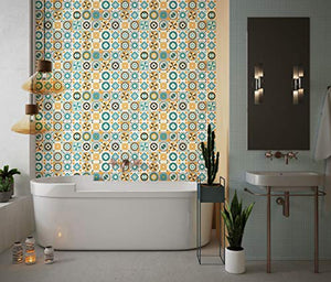 Planche de 28 Adhésif Carrelage - décoration de carreaux - 112 pièces plastifié en mat - mosaïque nuances de vert et jaune - format 30x30cm par pièce