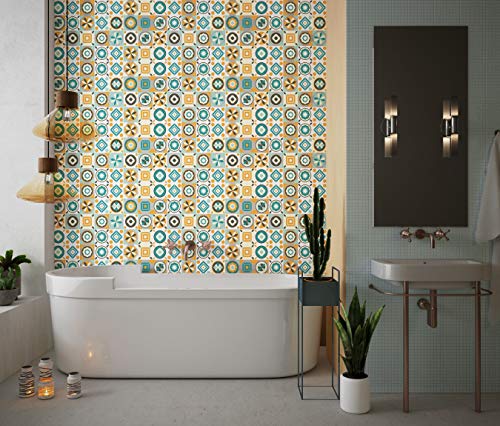 Planche de 28 Adhésif Carrelage - décoration de carreaux - 56 pièces plastifié en mat - mosaïque nuances de vert et jaune - format 25x25cm par pièce