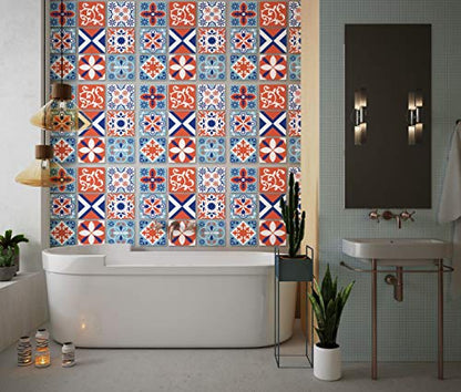 Planche de 9 Adhésif Carrelage - décoration de carreaux - 63 pièces plastifié en mat - mosaïque nuances de bleu et orange - format 20x20cm par pièce