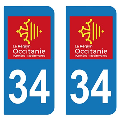 SupStick 2 STICKERS AUTOCOLLANT PLAQUE IMMATRICULATION DEPARTEMENT 34 Herault REGION OCCITANIE