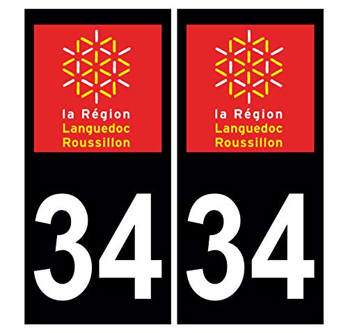 Supstick 2 Stickers Autocollants Plaques Immatriculation Auto Dept 34 Languedoc Roussillon Noir Angles Carrés