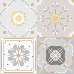Planche de 4 Adhésif Carrelage - décoration de carreaux - 36 pièces plastifié en mat - mosaïque fleurs grises - format 10x10cm par pièce