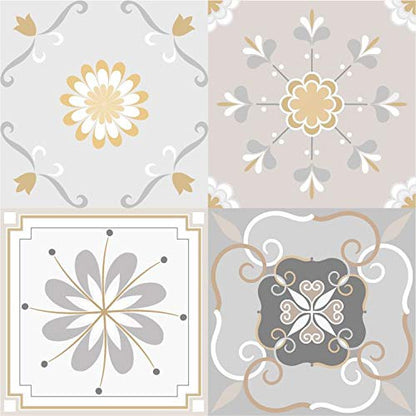 Planche de 4 Adhésif Carrelage - décoration de carreaux - 24 pièces plastifié en mat - mosaïque fleurs grises- format 10x10cm par pièce
