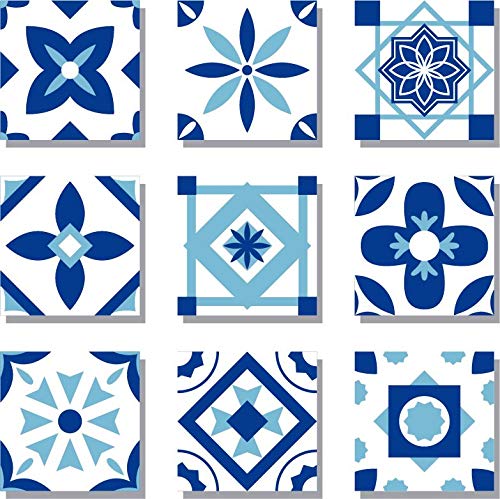 Planche de 9 Adhésif Carrelage - décoration de carreaux - 36 pièces plastifié en mat - nuances de bleu et blanc modèle 2 - format 15x15cm par pièce