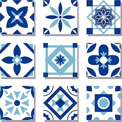 Planche de 9 Adhésif Carrelage - décoration de carreaux - 9 pièces plastifié en mat - nuances de bleu et blanc modèle 2 - format 10x10cm par pièce