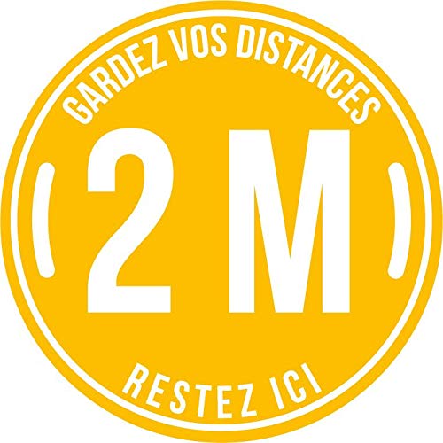 Lot de 5 Autocollant stickers signalétique stop covid sol antidérapant - gardez vos distances 2m - format 20x20cm couleur jaune