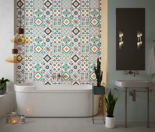 Planche de 9 Adhésif Carrelage - décoration de carreaux - 9 pièces plastifié en mat - mosaïque nuances de vert et blanc - format 30x30cm par pièce